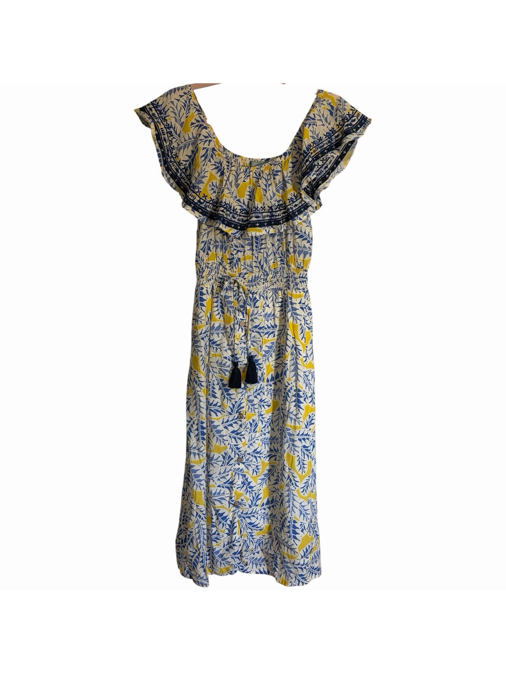 Skies Are Blue- Yellow Blue Floral Maxi Dress off the shoulder XS Smocked